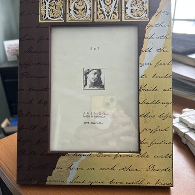 Vintage 1990s Amerigo Lasercraft 5x7 Standing Wood Etched Picture Frame LOVE NOS - Image 1 of 4