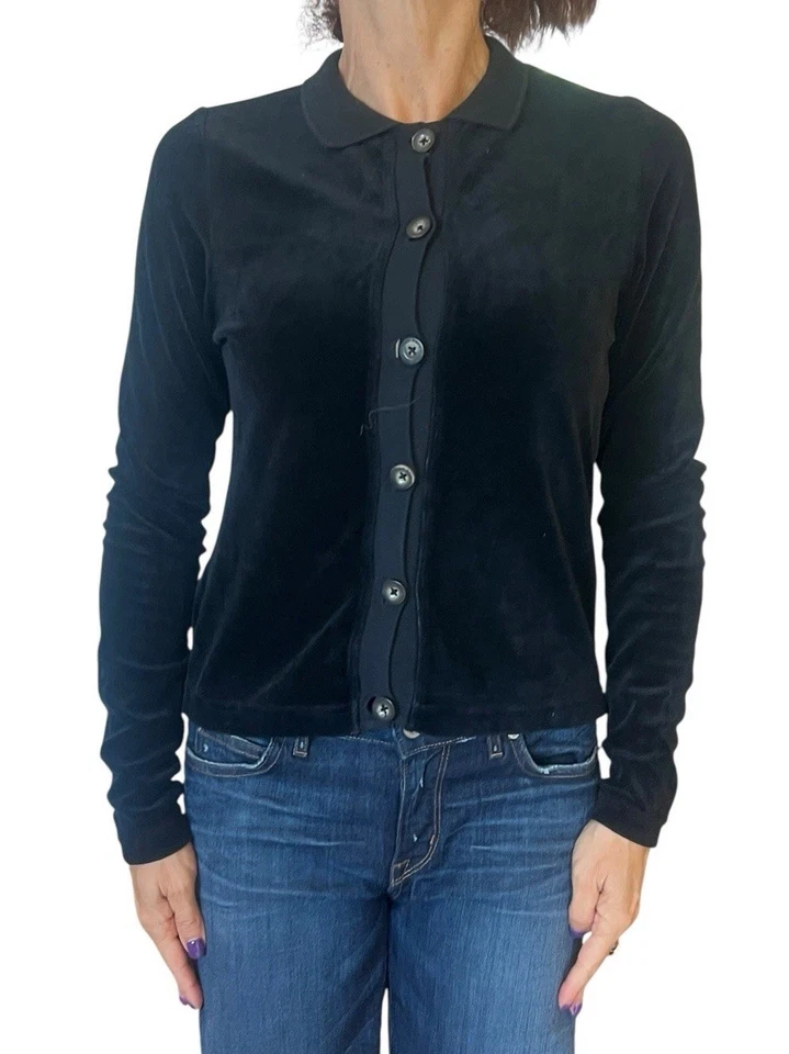 Chaqueta cárdigan Hard Tail para mujer de terciopelo con cuello polo (V-209) negra mediana Foto 1 de 4