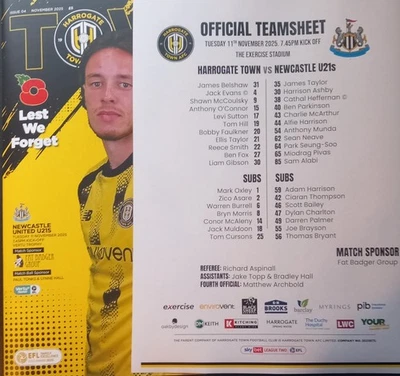2025-26 HARROGATE TOWN V NEWCASTLE UNITED u21 PROGRAMME & TEAMSHEET (EFL TROPHY) - Image 1 of 2