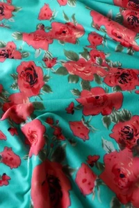 2YD 2IN Coral Roses on Teal Double Knit - Picture 1 of 2