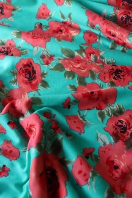 2YD 2IN Coral Roses on Teal Double Knit - Image 1 of 2