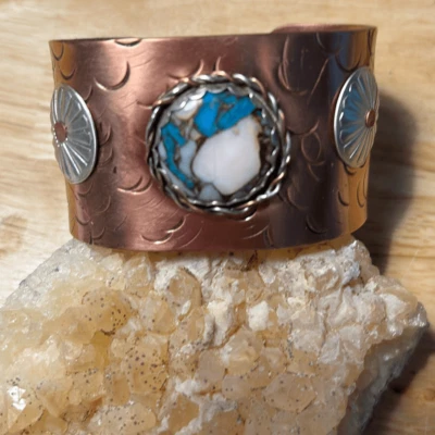 Bracelet, Turquoise & Opal Copper Cuff, NEW, sterling accents, Handmade, Artisan - Image 1 of 4