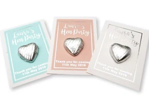 10X PERSONALISED SILVER FOIL HEN PARTY FAVOUR CARDS CHOCOLATE HEARTS THANK YOU - Picture 1 of 2