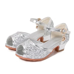 Girls Sequined Crystal Shoes Elsa Fashion Mary Jane High Heeled Princess Sandals - Picture 1 of 33