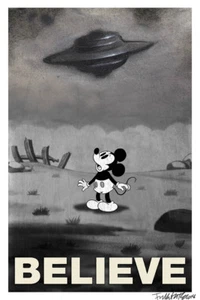 I Want to Believe UFO Flying Saucer Mickey Mouse X-Files Poster/Print - Picture 1 of 2
