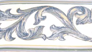 Blue Leaf Scroll on White WALL PAPER BORDER White Gold Green Yellow band - Picture 1 of 2