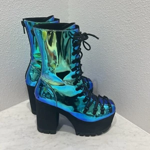 Botas con cordones metálicas iridiscentes azules verdes Platflorm muñecas Kill Festival talla 10 - Imagen 1 de 7