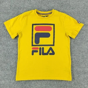 FILA Shirt Boy Medium Yellow Logo Graphic Crew Neck Short Sleeve Patch Spell Out - Picture 1 of 11