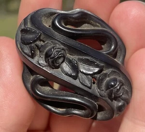 Antique Victorian Whitby Jet Hand Carved Forget Me Not Rose Mourning Brooch Pin - Picture 1 of 17