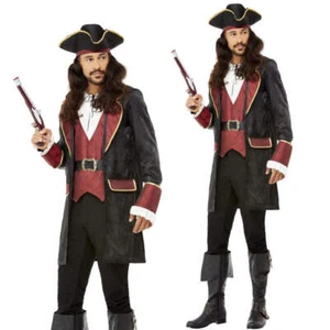 Deluxe Swashbuckler Pirate Costume Mens Pirats Fancy Dress Outfit Adults + Hat - Picture 1 of 5