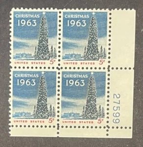 US 1240 5c Christmas unused plate block of four never hinged filled perf 1963 - Picture 1 of 5