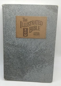 Illustrated Bible Living Values 1989 Blue Stone Washed Faux Denim *Hardcover - Picture 1 of 15