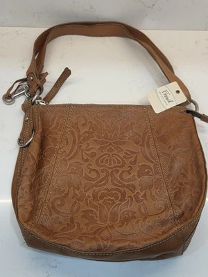 Fossil Leather Handbag Embossed Floral Pattern Brown Shoulder Bag - Image 1 of 4