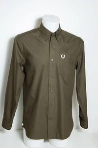 Fred Perry Mens Shirt Small Green Khaki Solid Casuals Mod Terrace Liam Oxford - Picture 1 of 14