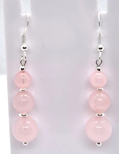 ROSE QUARTZ BEADED 925 SILVER HOOK EARRINGS 5.5CM DROP E265 - Picture 1 of 3