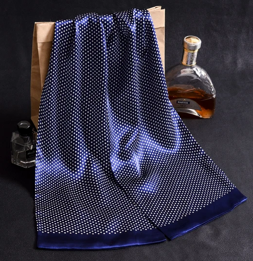 100% Silk large  satin Scarf men neckerchief Wrap dot navy blue white MY1 - image 1 of 2