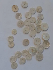 antique mother of pearl buttons, various sizes. flat 2 hole handcarved set of 32 - Picture 1 of 3