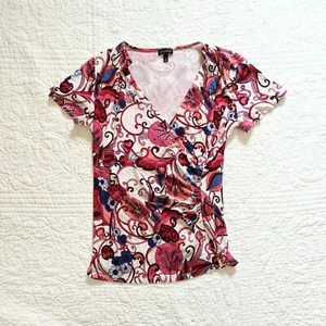 Women's Blouse Paisley Floral V Neck Pink Red Purple White Blue - Picture 1 of 3
