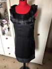 Ladies Black Satin Sleeveless Ruffle Trim Short Tunic Shift Dress Size 10 