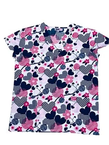 Womens Fashion Medical Nursing Scrub Print Tops Strip Circle Dot Heart Flower S - Picture 1 of 2