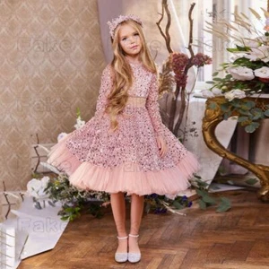 Fashion Sequins Flower Girls Long Sleeves Wedding Kid Pageant Bridesmaid Party - Picture 1 of 2