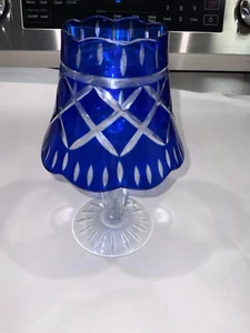 Colbalt Blue Cut To Clear Crystal Lamp Candle Holder/Bohemian Glass 9” Tall - Picture 1 of 7