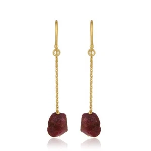 Gold Plated Long Chain Drilled Rough Stone Earrings Raw Ruby New Stylish Jewelry - Picture 1 of 3