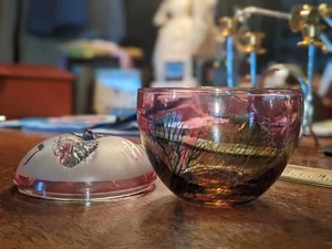 "Jarro de miel judaica de 4"" de vidrio artístico nuevo satinado Rueven pintado a mano acuarela por goteo" - Imagen 1 de 8