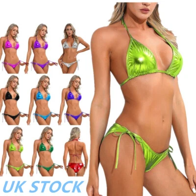 UK Women Shiny Metallic Bikini Set Halter Bra + Tie Side Briefs Set Clubwear - Image 1 of 4