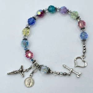 925 Sterling Silver Multicolor Glass Beaded Religious Cross Charm Bracelet - Picture 1 of 7