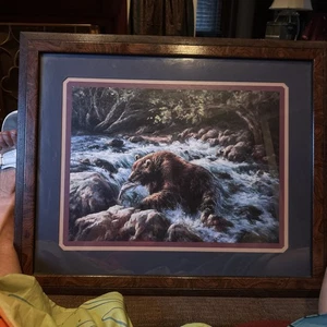 lithographie signiert gerahmt Bär Lee K Parkinson Angeln Bach Grizzly Gemälde - Bild 1 von 2