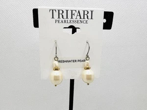 Vintage Trifari Freshwater Pearl Silver Pearl Dangle Earrings Pierced NOS - Picture 1 of 7