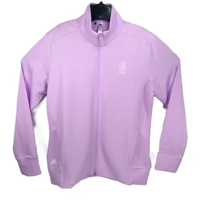 全新 阿迪达斯 女式 L 码 TPC Sawgrass 高尔夫纹理全拉链夹克 紫丁香 紫色 — 第 1/4 张图片