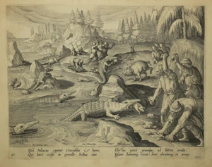 D'après STRADANUS "CHASSE aux crocodiles". c.1580. Gravure au burin 16è - HUNT - Picture 1 of 1
