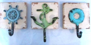 Three Nautical Beach Decor Rustic Hooks on Wood Squares 5" x 5" - Picture 1 of 5