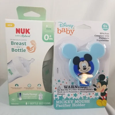NUK Simply Natural with SafeTemp 5 oz Clear Baby Bottle & MICKEY Paci HOLDER NEW - Image 1 of 4