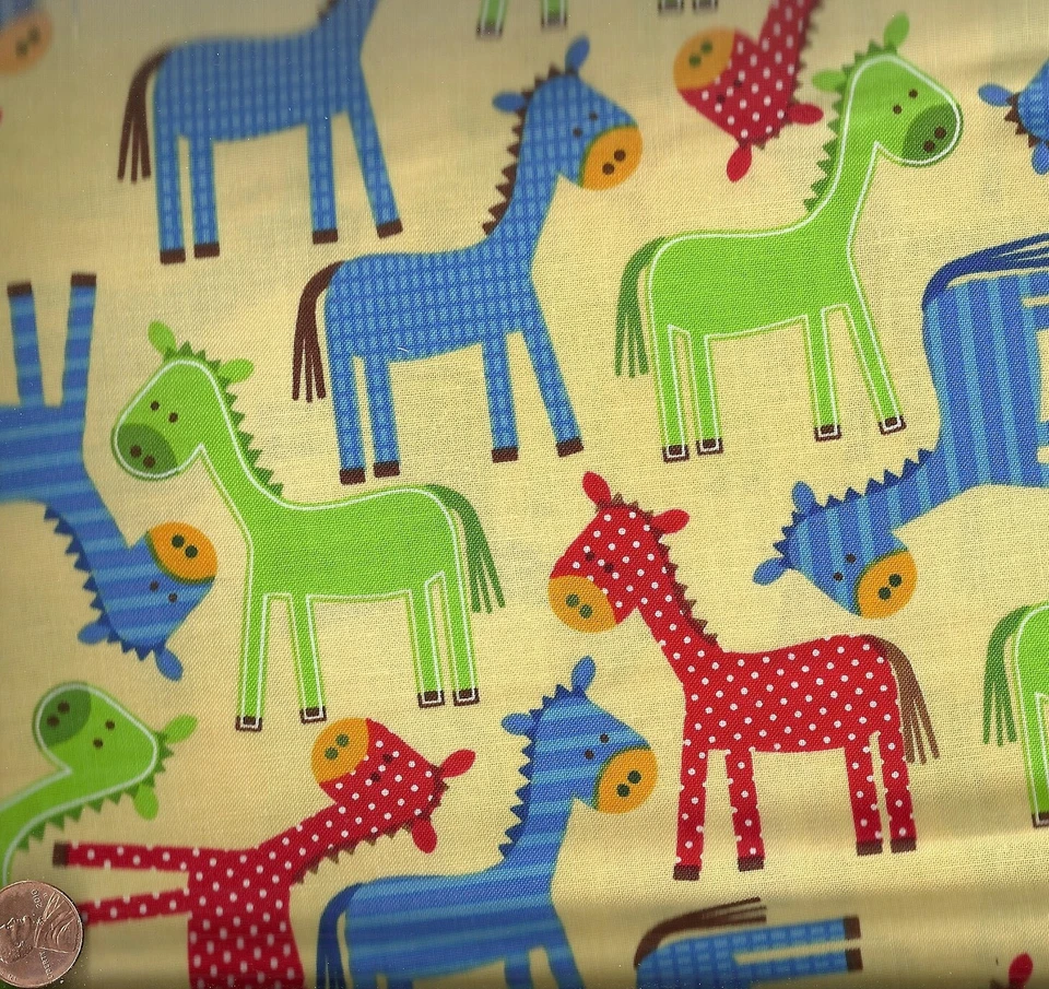 Urban Zoologie amarillo primario ponis caballos Kaufman tela infantil Foto 1 de 1