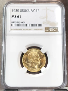 1930 URUGUAY GOLD 5 PESOS CONSTITUTION CENTENNIAL NGC MS 61 SCARCE NICE COIN - Picture 1 of 3