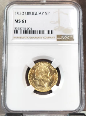 1930 URUGUAY GOLD 5 PESOS CONSTITUTION CENTENNIAL NGC MS 61 SCARCE NICE COIN - Image 1 of 3