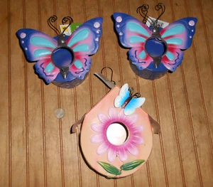 Lot of (3) Tin Metal Painted Flower Butterfly Birdhouses Decor - Picture 1 of 10