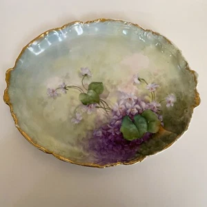 Antike Limoges Frankreich Stern Briefmarke handbemalt Veilchen 1902 9" ovale Waschtischablage - Bild 1 von 12