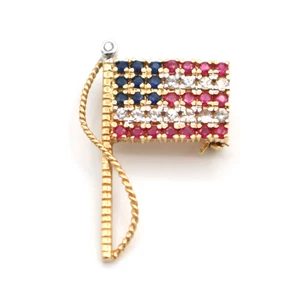 14K Yellow Gold Diamond & Multi Colored Gemstone American Flag Pin Brooch 3g - Picture 1 of 11