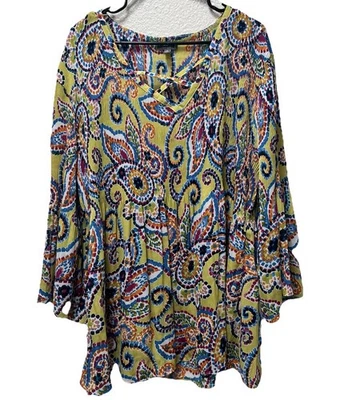 Ninety Clothing Co. Women’s Green Paisley Print Bell Sleeve Blouse 3X - Image 1 of 4