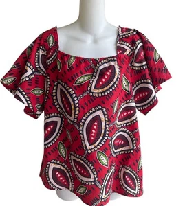 Unique Spectrum rot Multi Square Neck Top Bluse 100 % Baumwolle Damen Large Neu mit Etikett - Bild 1 von 4