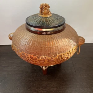 Chinese bamboo four-legged lion-ear incense burner,bamboo cover with lion button - Picture 1 of 7