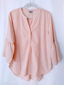 Bass V Neck Bell Sleeve Tunic Blouse Hi Lo Hemline Womens Peach Dot Large #13802 - Picture 1 of 4