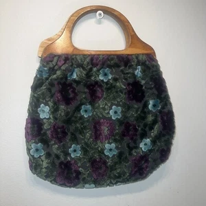 Vintage Floral Wooden Handle Purse Boho Grannycore Blue Purple Green Never Used - Picture 1 of 5