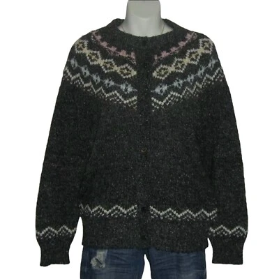 Suéter Idioms Vintage Años 90 Lana Cárdigan Fair Isle Esquí Gris Rosa Kawaii Preppy Foto 1 de 4