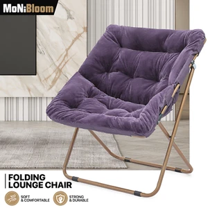 Purple Folding Faux Fur Saucer Chair Bedroom Padded Seat Metal Frame Moon Chair - Picture 1 of 11