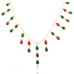 Colorful Chakra Necklace, Emerald Pink Quartz Gold plated Bezel Necklace For Her - Picture 1 of 4